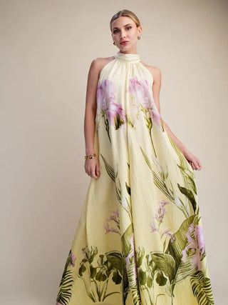 GLAM | Flare Floral Halter Jumpsuit - Yellow/Olive