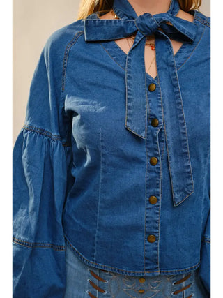 Indigo Tie Neck Denim Blouse