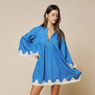 LALAVON | Floral Lace Trim Denim Mini Dress with Pockets