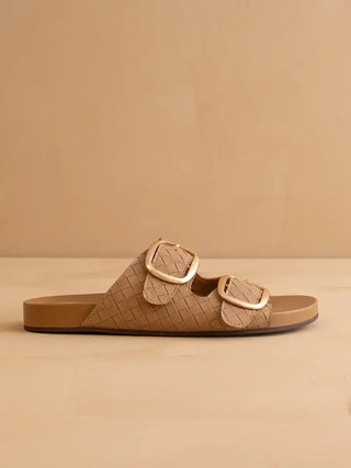 Oasis Society |The Desiree | Almond Woven Slide With Oversized Gold Buckles