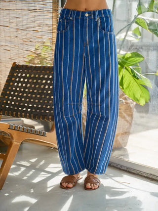Aaron and Amber brushed stripe denim barrel leg jeans