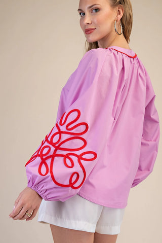 GLAM | Soutache Contrast Detail Puff Sleeve Blouse
