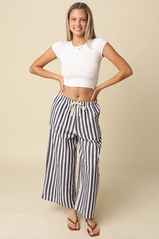 Olivaceous | Cally Drawstring Wide-Leg Pants Navy Stripe