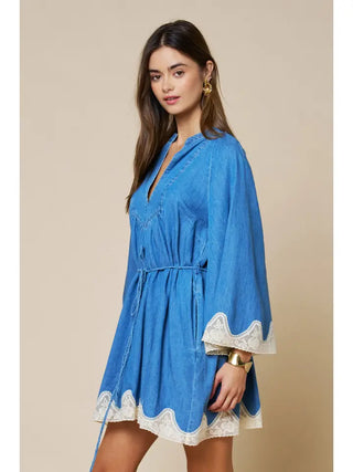 LALAVON | Floral Lace Trim Denim Mini Dress with Pockets