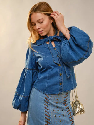 Indigo Tie Neck Denim Blouse