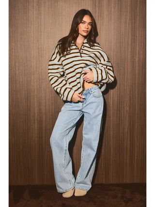 Aubrey Fleece Pullover Light Blue Brown Stripe