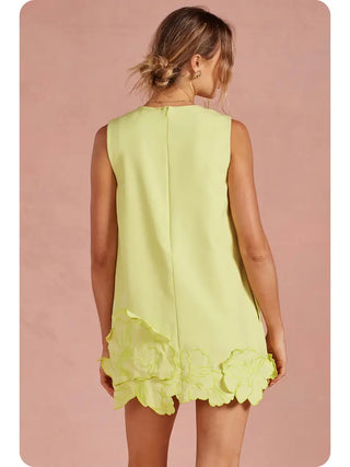 3D Floral Appliqué Shift Mini Dress - Chartreuse