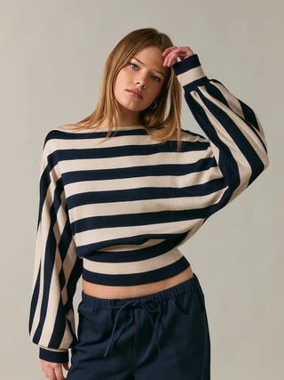 Delaney Stripe Sweater Top Taupe Navy