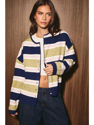 LE LIS | Harper Stripe Cardigan Olive Pink