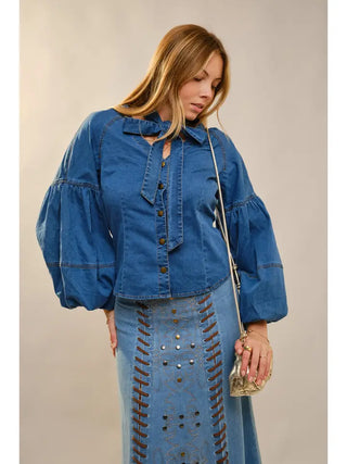 Indigo Tie Neck Denim Blouse