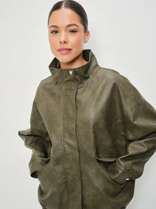 Kari Leather Oversized Jacket Deep Olive