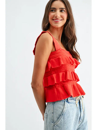 CAMELLIA | Tiered Ruffle Knit Tank - Tomato Red