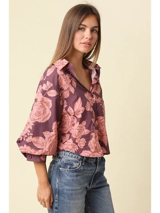 Jennie Floral Balloon Shirt Wine Pink