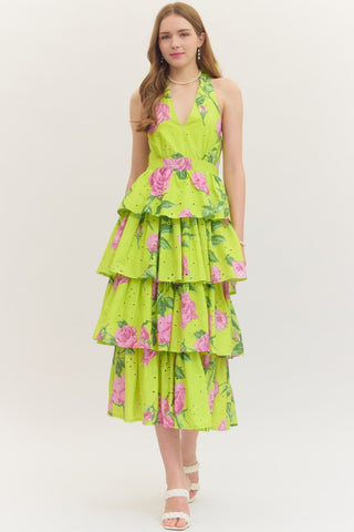 ENTRO | Lime Blooms Tiered Midi Dress