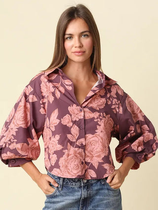 Jennie Floral Balloon Shirt Wine Pink