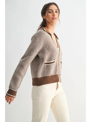 Reina Herringbone Cardigan Brown
