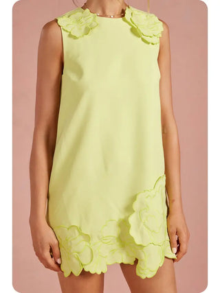 3D Floral Appliqué Shift Mini Dress - Chartreuse
