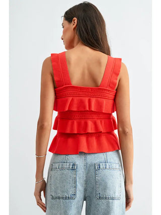 CAMELLIA | Tiered Ruffle Knit Tank - Tomato Red