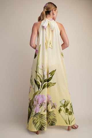 GLAM | Flare Floral Halter Jumpsuit - Yellow/Olive