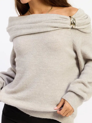 Noelle Off Shoulder Bubble Sweater Grey