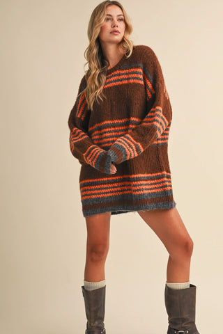 Caroline Striped Sweater Dress Brown Multi