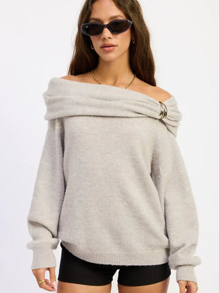 Noelle Off Shoulder Bubble Sweater Grey