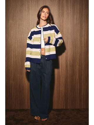 LE LIS | Harper Stripe Cardigan Olive Pink