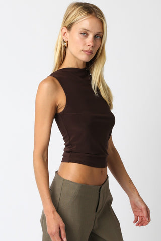 Stephanie Mock Neck Sleeveless Top Chocolate Brown