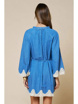 LALAVON | Floral Lace Trim Denim Mini Dress with Pockets