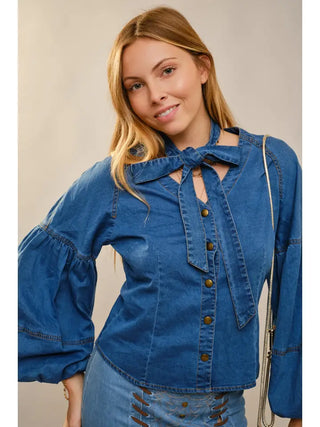 Indigo Tie Neck Denim Blouse
