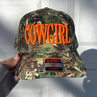THREADED RODEO | Camo Neon Cowgirl Embroidered Trucker Hat
