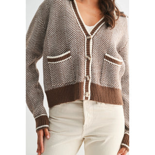 Reina Herringbone Cardigan Brown