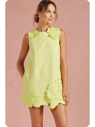 3D Floral Appliqué Shift Mini Dress - Chartreuse