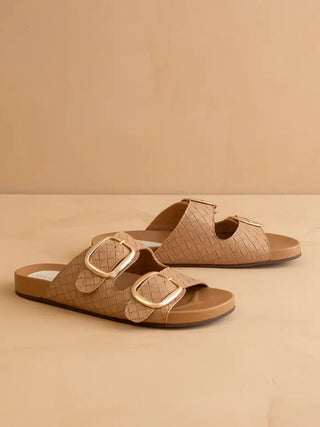 Oasis Society |The Desiree | Almond Woven Slide With Oversized Gold Buckles