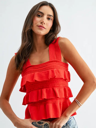 CAMELLIA | Tiered Ruffle Knit Tank - Tomato Red