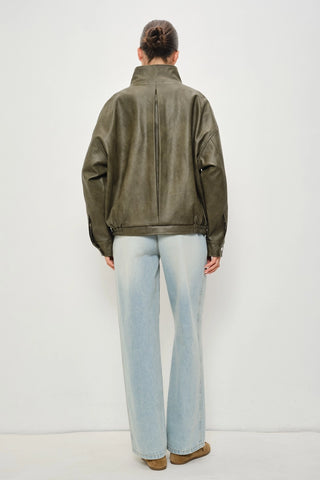 Kari Leather Oversized Jacket Deep Olive