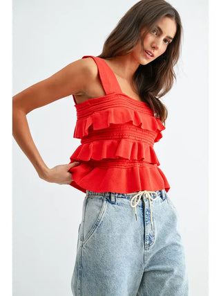 CAMELLIA | Tiered Ruffle Knit Tank - Tomato Red