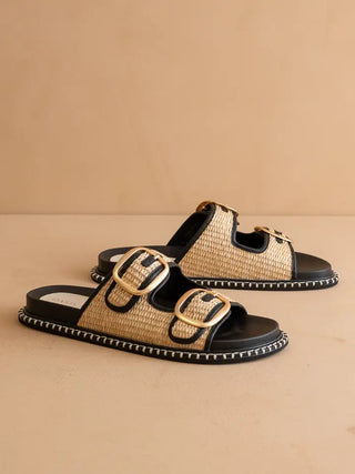 The Daytona | Black Two-tone Raffia Gold Buckle Sandal