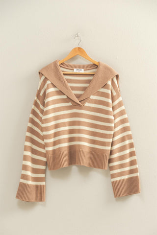 Striped Sailor Collar Sweater Dark Taupe/Cream [Door Buster]