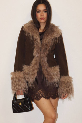 Kristina Faux Fur Trim Coat Brown