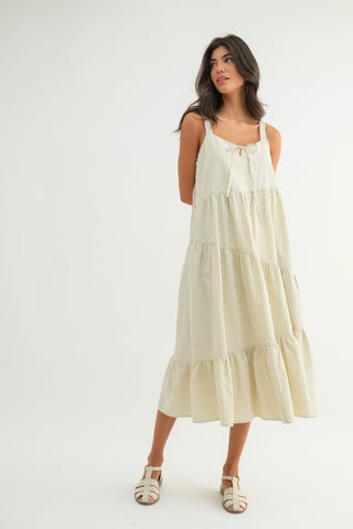 Xelina Plaid Asymmetrical Midi Dress Taupe/Cream