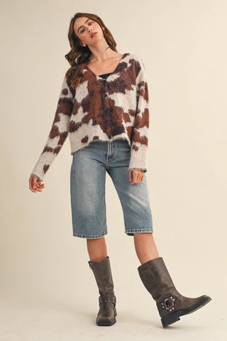 &Merci | Cow Print Sweater Cardigan Brown Multi