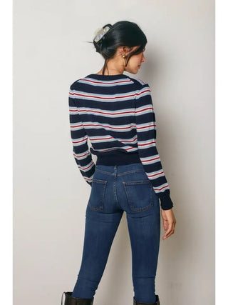 Dress Forum | Elvira Skyline Striped Button Cardigan Navy/Red Combo