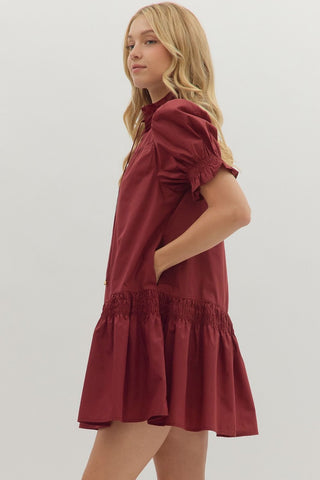 Entro | Francy Ruffled Puff Sleeve Mini Dress Burgundy