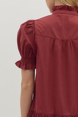 Entro | Francy Ruffled Puff Sleeve Mini Dress Burgundy