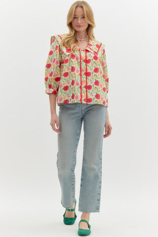 Entro | Amara Poppy Print Top Red