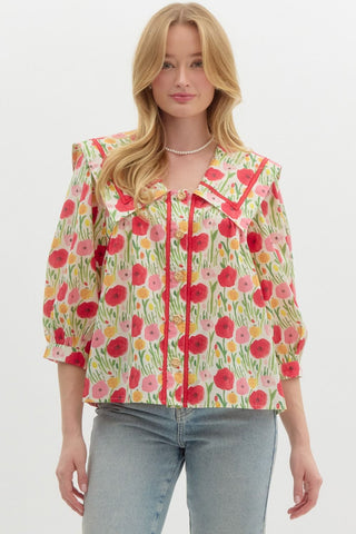Entro | Amara Poppy Print Top Red