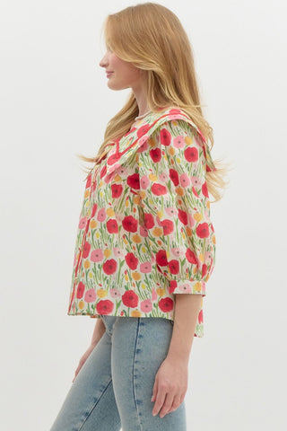 Entro | Amara Poppy Print Top Red