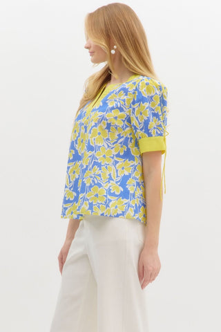Entro | Thalina Floral Print V-Neck Top Blue