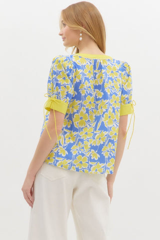 Entro | Thalina Floral Print V-Neck Top Blue